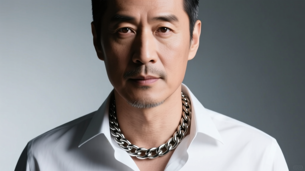 Portrait of a man wearing a 4mm 18-inch stainless steel rope chain resting precisely on his collarbone under soft studio lighting