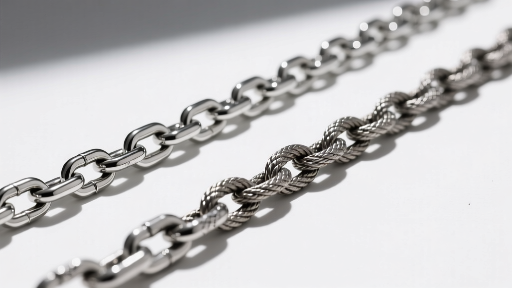Macro view of an 18 inch silver snake chain beside a titanium rope chain, showing contrasting flexibility and surface textures