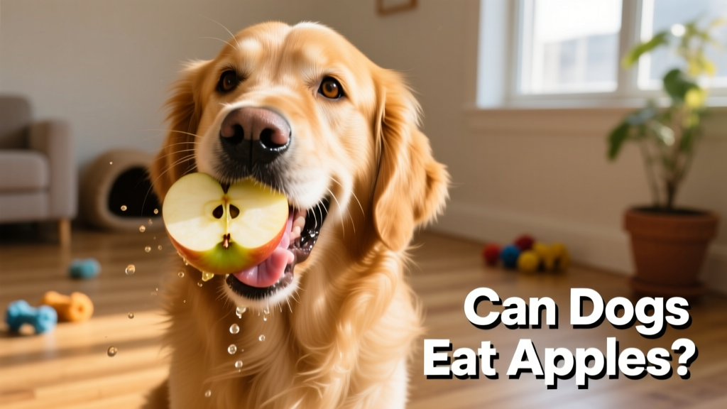 A golden retriever happily munching on a fresh, sliced apple