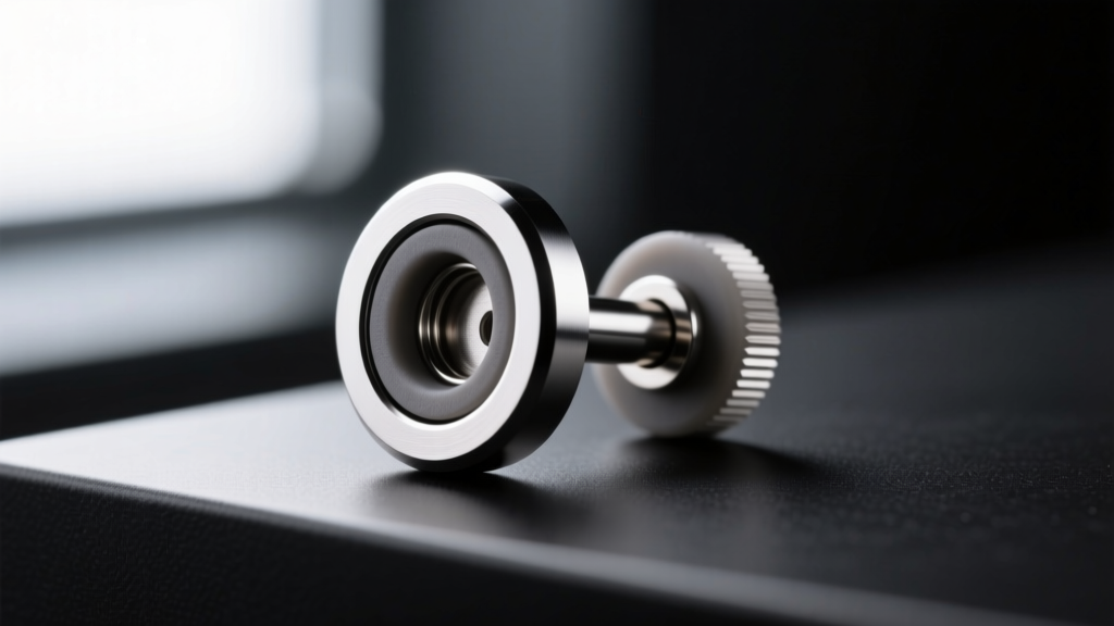 Macro shot of ASTM F136 implant-grade titanium magnetic dog ear stud, showing smooth bezel and padded silicone backing mechanism