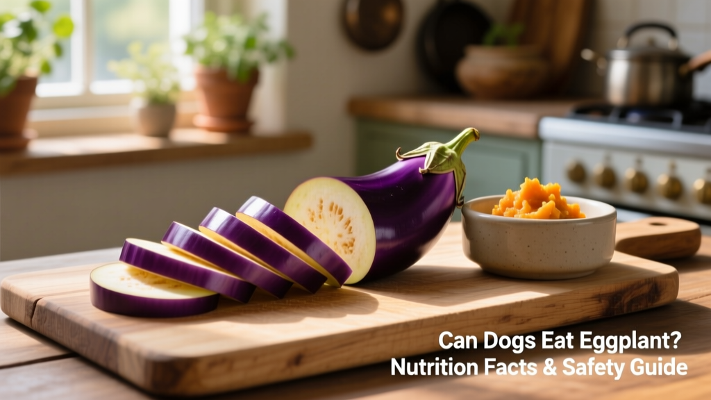 Sliced purple eggplant on a clean wooden cutting board next to a dog bowl