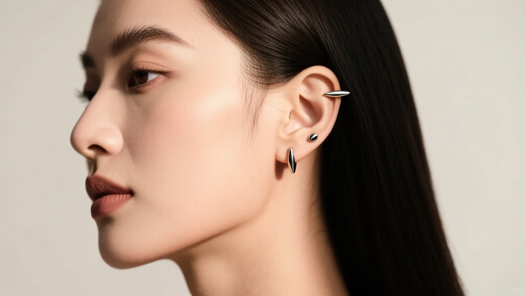 Profile portrait of a woman showcasing a curated ear with three flat back posts earrings in helix and lobe placements, soft lighting.