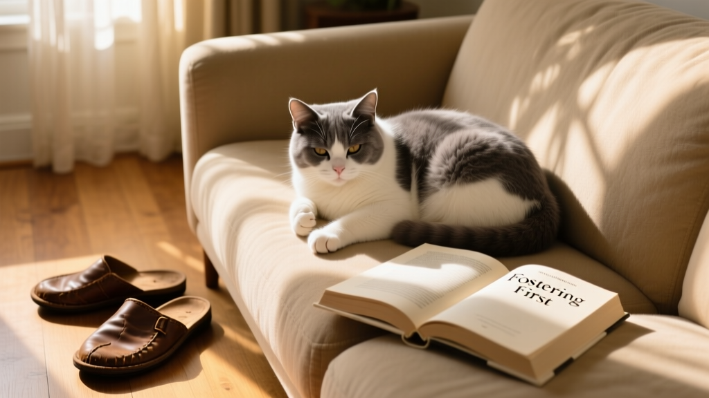 Domino curled up asleep on a cozy couch next to a pair of slippers and a book, bathed in warm afternoon light