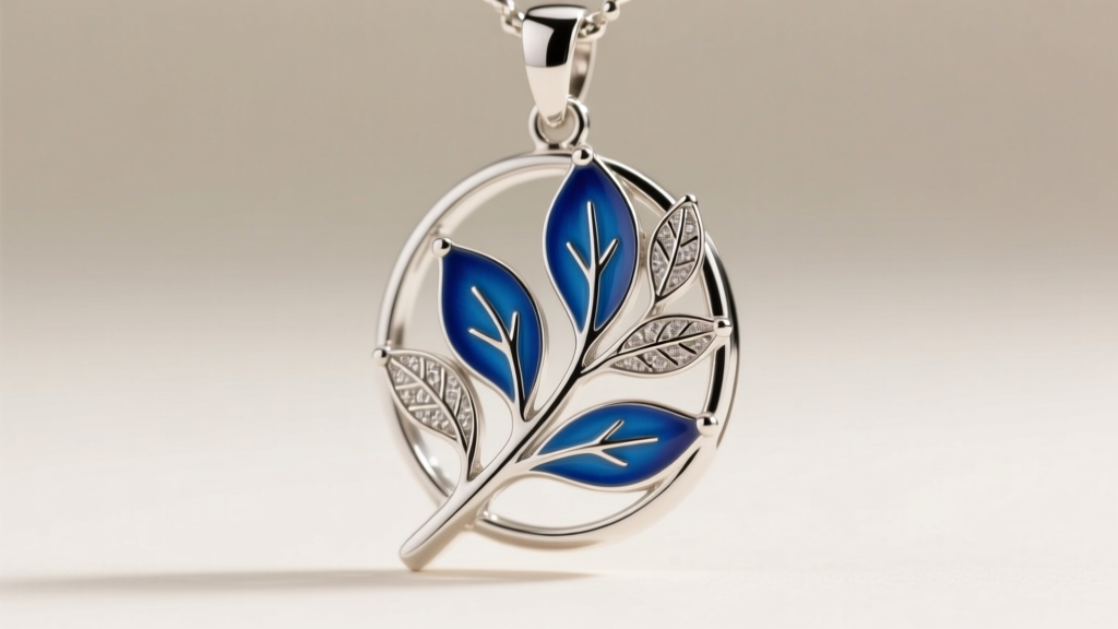 Macro shot of a silver botanical pendant showing glossy blue cold enamel and precise metal bezel settings in soft studio lighting