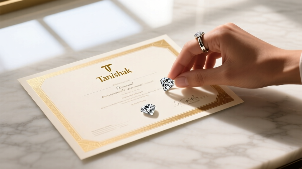 Overhead view of a Tanishq diamond certificate, a jeweler