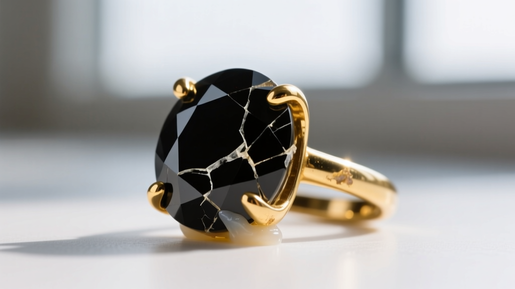 Close-up of a cheap gold-plated prong setting holding a chipped black onyx stone, revealing clear epoxy glue residue on the base