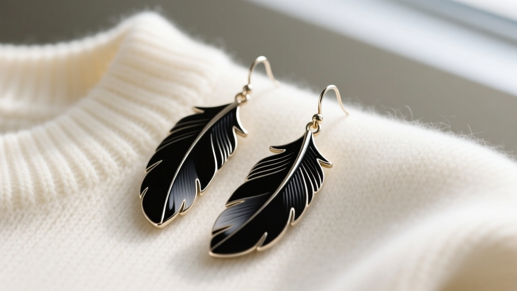 Close-up of black enameled feather dangle earrings on a cream sweater, highlighting matte texture and fine metal edges
