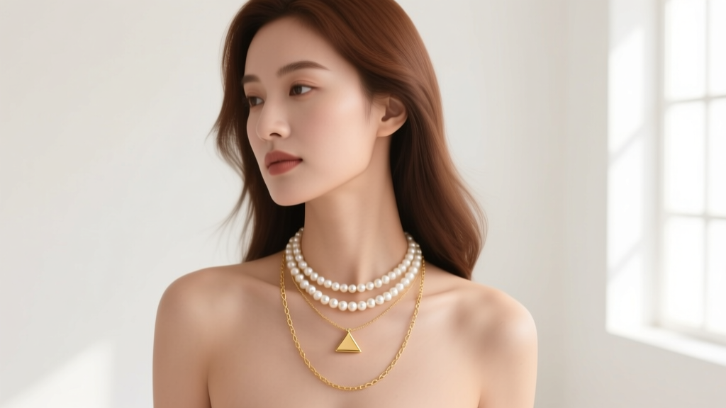 Woman wearing a layered stack with a small solid gold triangle pendant, a delicate pearl strand, and a longer gold lariat necklace.