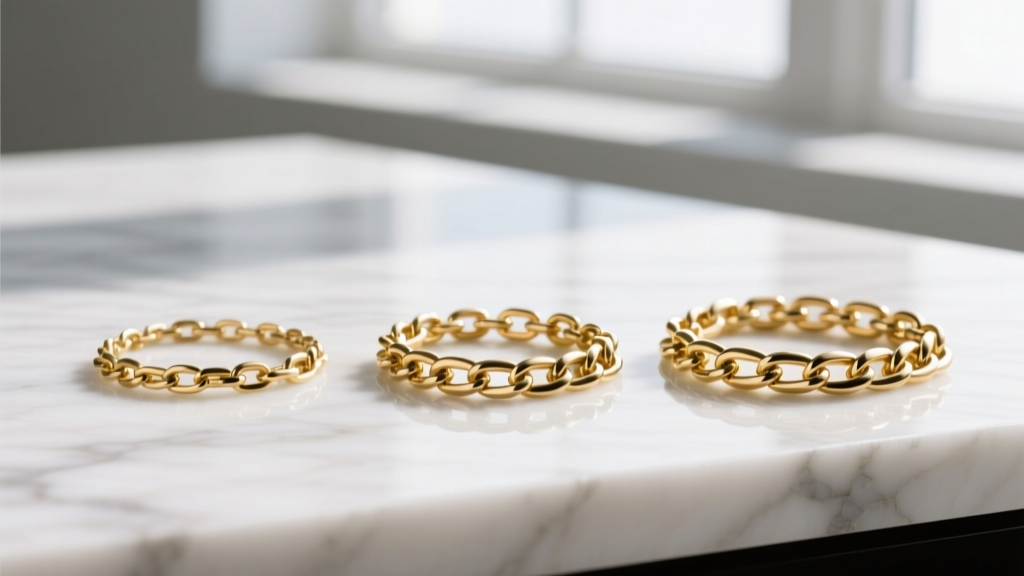 Three gauge widths of Prince link chains laid side-by-side on marble, clearly showing 2mm, 4mm, and 6mm size variations in gold.