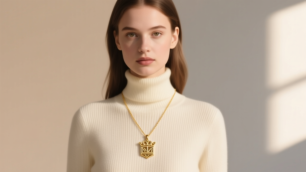 Young adult wearing a subtle, minimalist gold amulet necklace inspired by Princess Sofia over a cream-colored knit turtleneck.