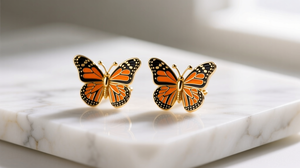 Close-up of 18k gold monarch butterfly stud earrings with bright orange and black champlevé enamel resting on a white marble slab.