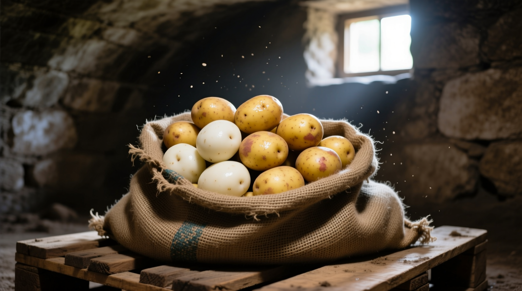 Fresh potatoes in burlap sack with proper storage conditions