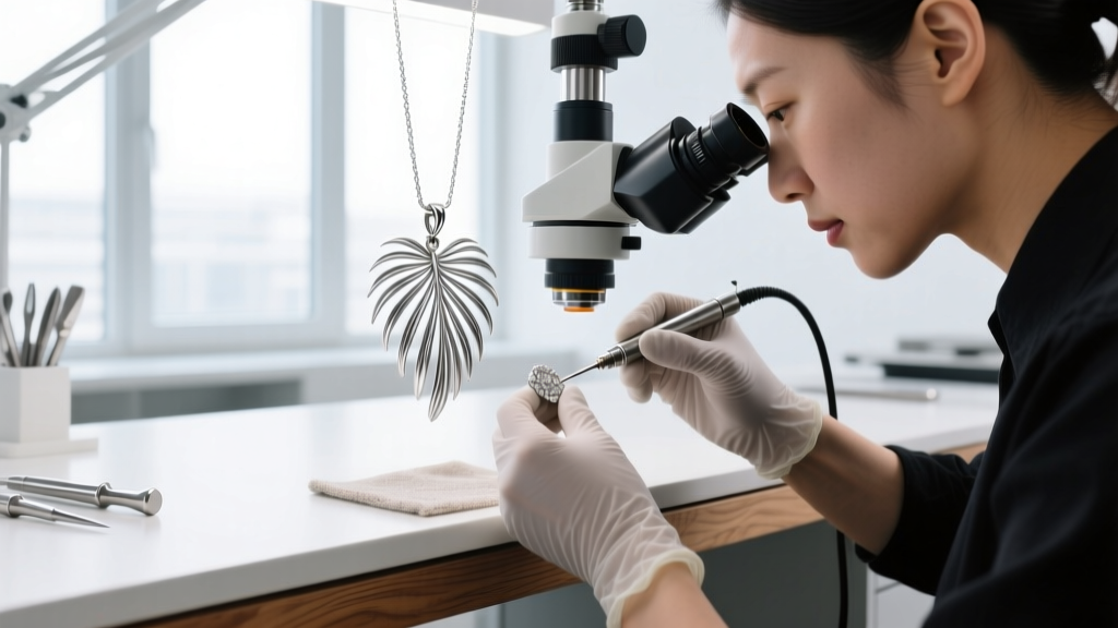 Jeweler using a laser welder microscope to repair a snapped delicate silver palm frond on a necklace pendant in a bright workspace