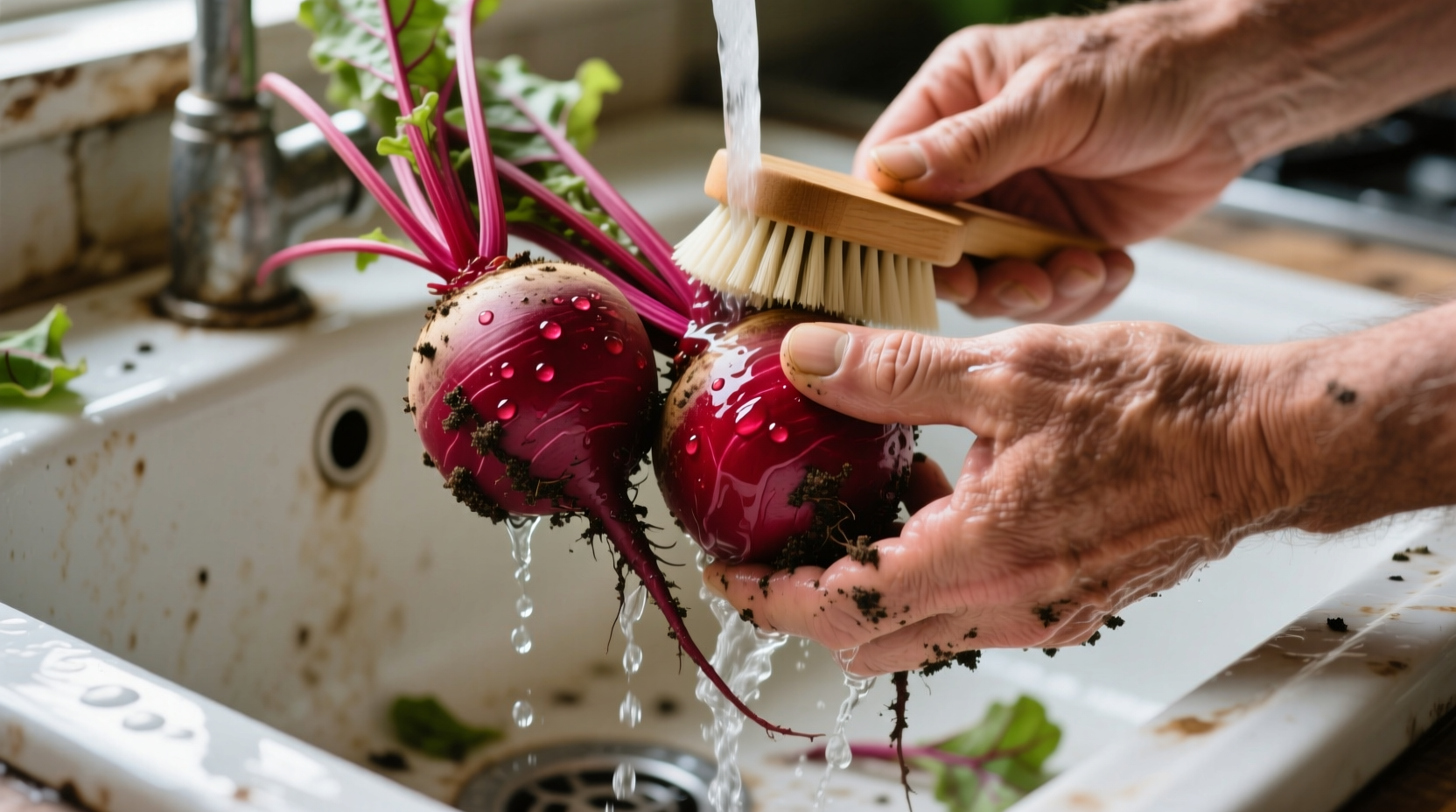 Fresh beets being scrubbed under running water