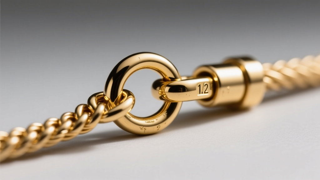 Extreme close-up of a 1.2mm gold cable chain and lobster clasp, showing the jump ring connection against a neutral gray background