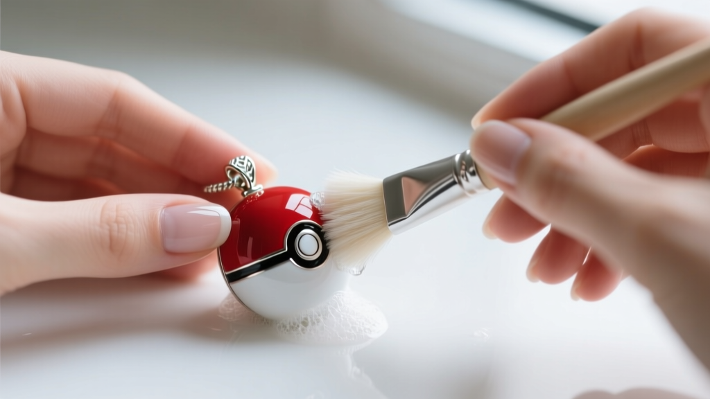Hands using a soft nylon brush and soapy water to gently clean the silver crevices of a red and white enamel pokeball pendant.