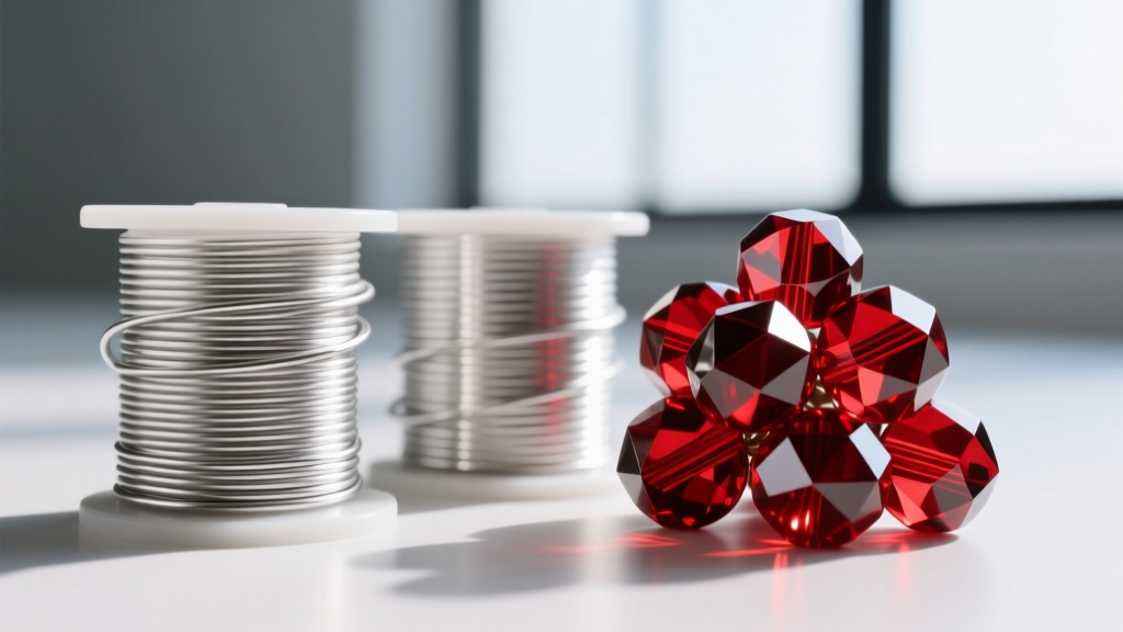 Close-up of 20-gauge half-hard silver wire spools next to faceted red glass beads, showing metallic texture and sharp facets