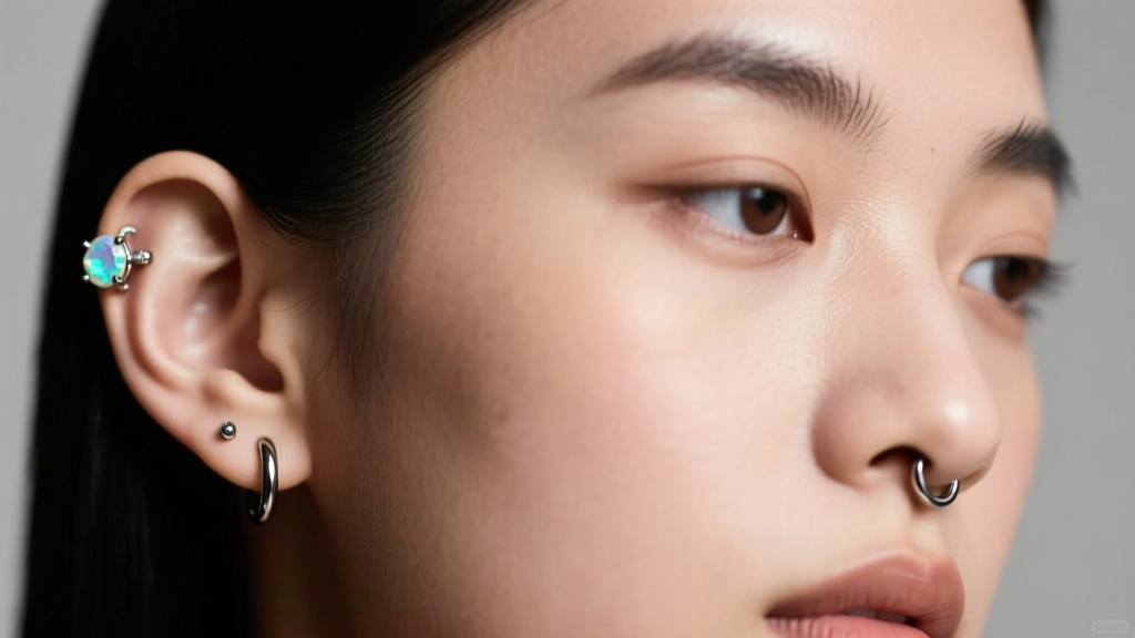 Close-up of a person with a 14g titanium stud in the left lobe and an opal cartilage cluster on the right ear, soft studio light