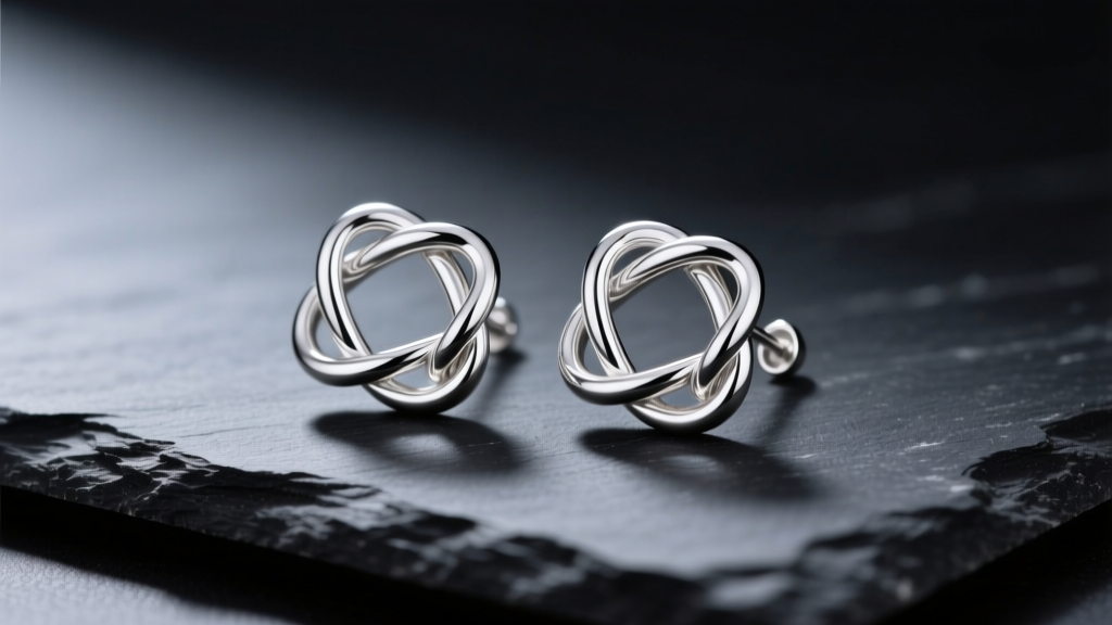 Macro photography of interlocking sterling silver knot earrings resting on dark slate, highlighting the rhodium-plated surface and intricate wire bends under studio lighting