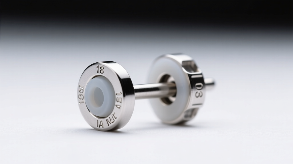 Macro shot of an 18-gauge implant-grade titanium earring post with a secure silicone friction back resting on a clean white surface
