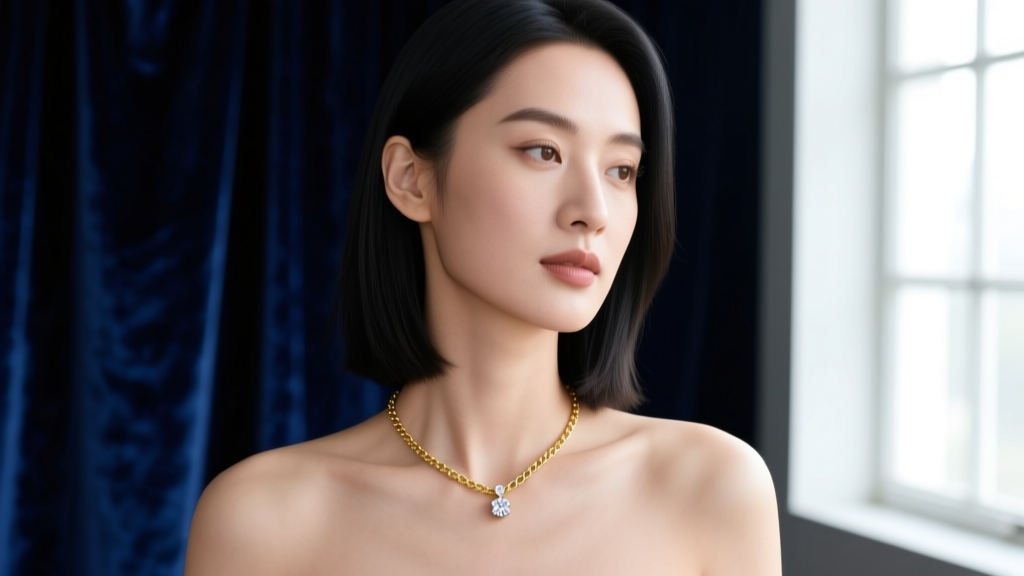 Woman wearing a delicate 14k gold chain choker with a small diamond pendant, photographed against a dark velvet background.