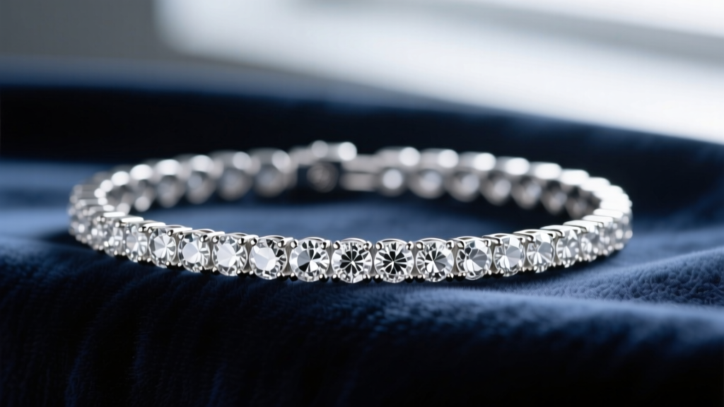 Macro photography of a sterling silver tennis bracelet featuring round-cut cubic zirconia stones resting on dark navy velvet