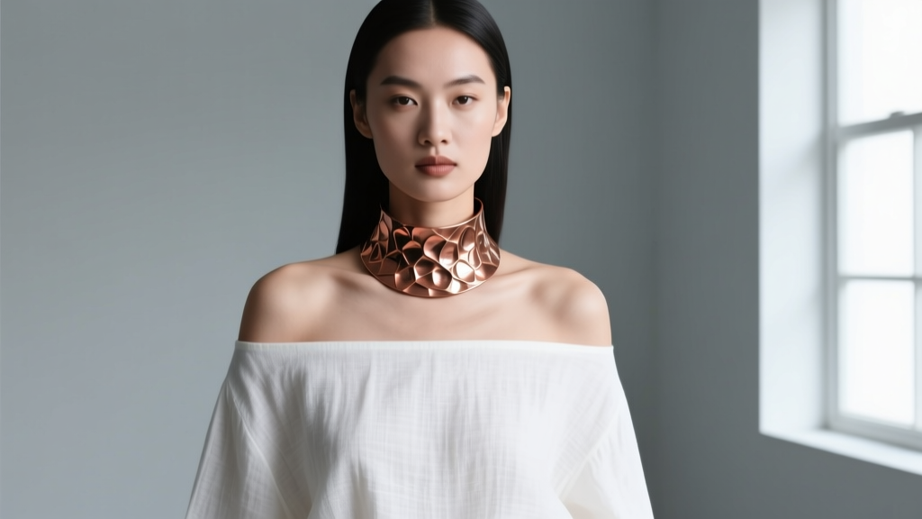 Fashion editorial shot of a model wearing a thick hammered copper necklace cuff with an off-the-shoulder white linen top