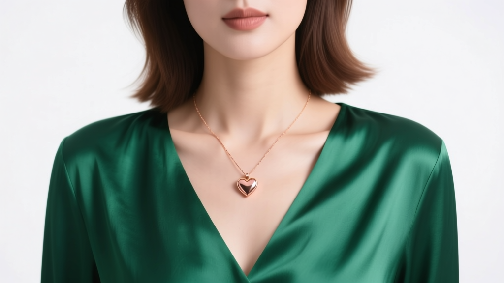 Woman wearing a 14k rose gold heart necklace over an emerald green V-neck silk blouse under bright, soft studio lighting