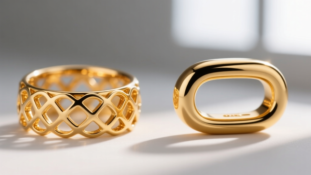 Side-by-side macro comparison of a hollow electroformed gold link and a solid cast gold link of the exact same 8mm width.