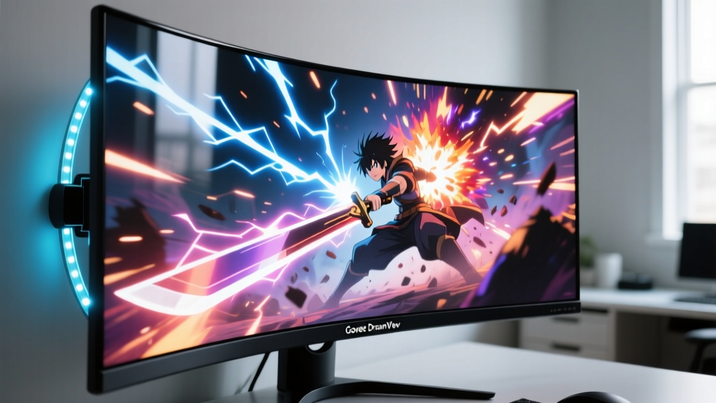 Close-up of Govee DreamView LED light strip mounted on the back of a curved ultrawide monitor syncing with an anime battle scene