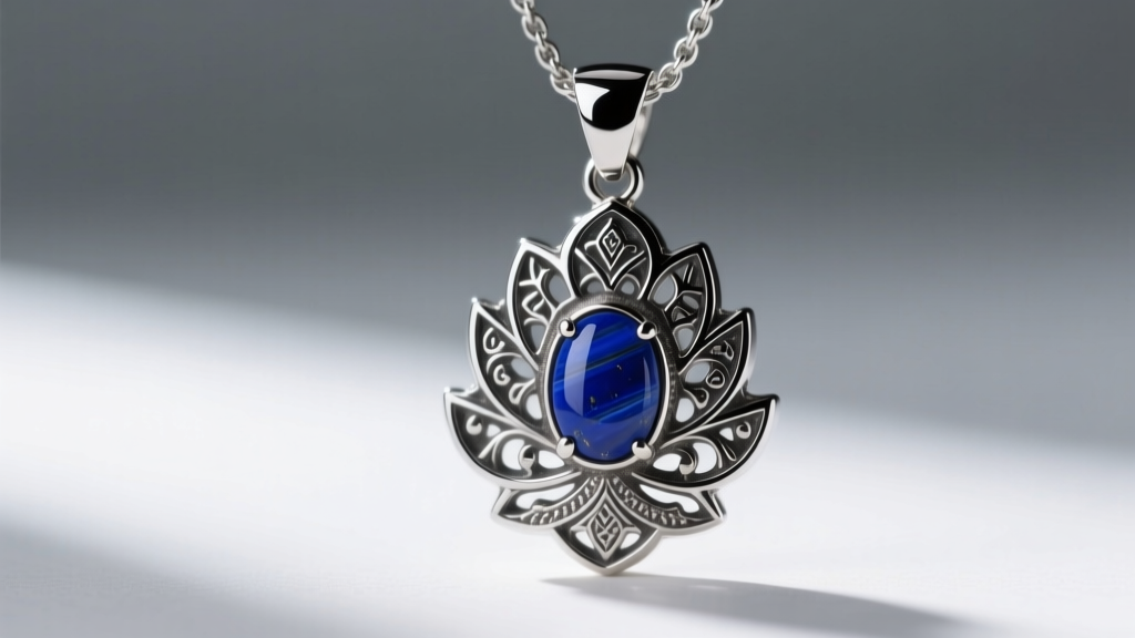 Macro shot of a black rhodium silver hand of fatima pendant with blue lapis lazuli inlays, highlighting intricate metal textures.