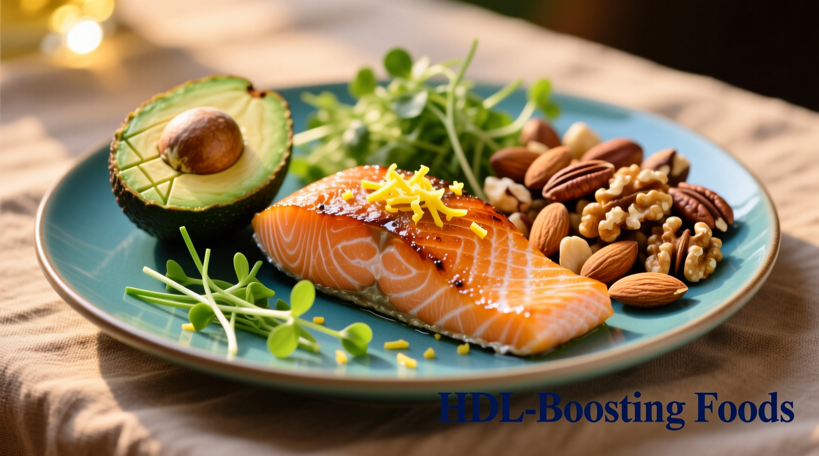 Colorful plate of HDL-boosting foods including salmon, avocado, and nuts