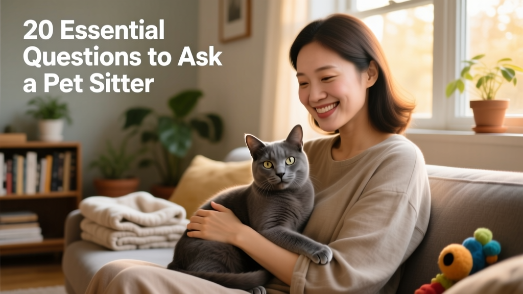 Pet sitter video-calling with a grey cat on their lap, smiling warmly