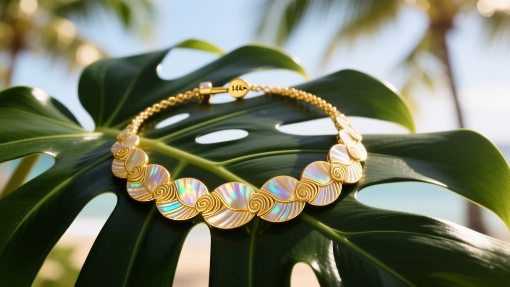 Golden kahelelani shell luau necklace with 14k gold clasp resting on dark green monstera leaves in bright tropical sunlight.