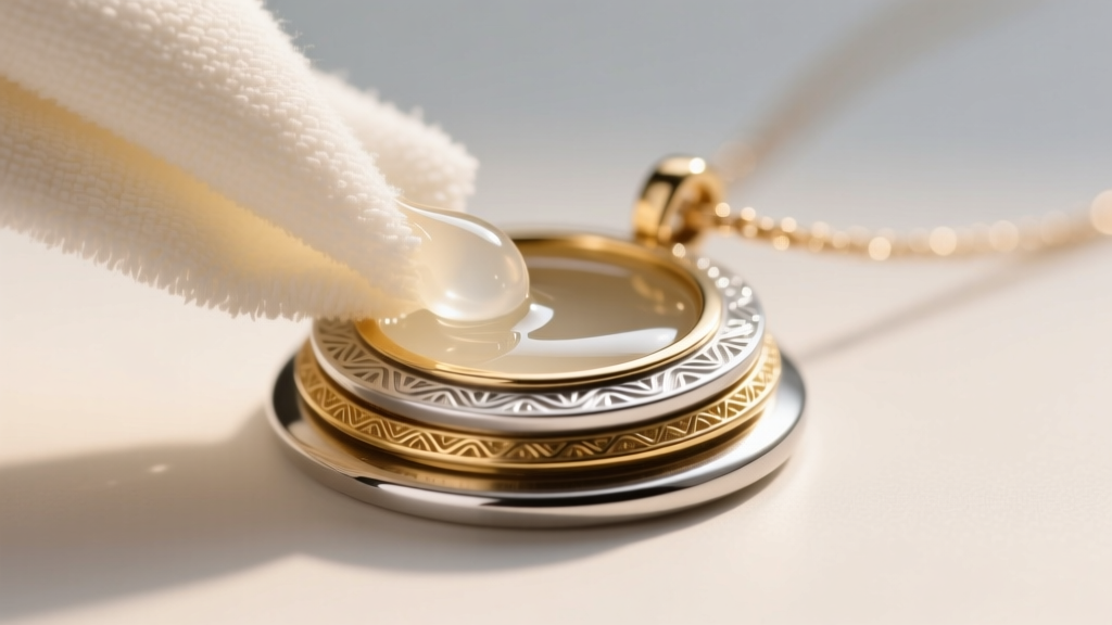 Close-up of a microfiber cloth gently dabbing a mild soapy solution onto the base metal of a layered circle pendant necklace