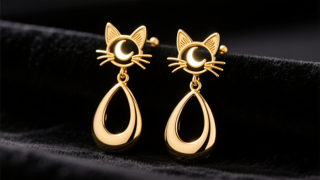 Gold vermeil teardrop dangle earrings inspired by anime cat gods, resting on black velvet under dramatic studio lighting.