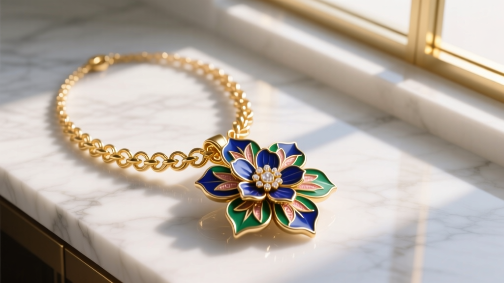Overhead view of an 18k gold and guilloche enamel leis flower necklace pendant catching warm sunlight on a marble surface.