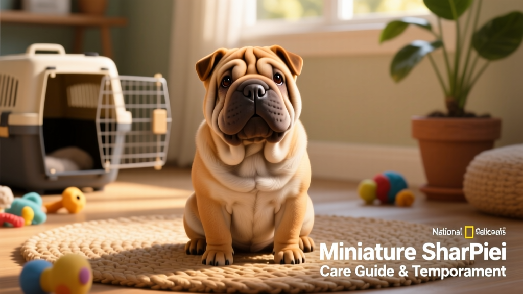 A cheerful Miniature Shar Pei sitting upright, showing its signature wrinkled face and expressive eyes