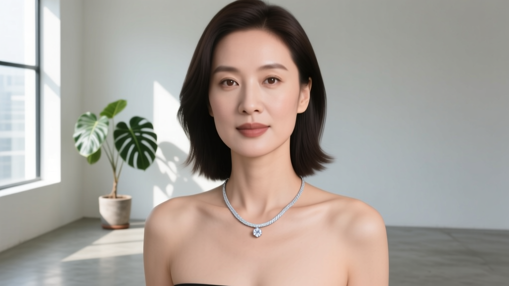 Woman wearing a 2mm sterling silver serpentine chain necklace with a small diamond pendant, captured in bright natural daylight.