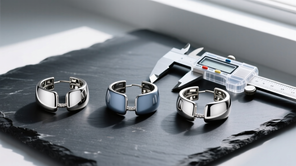 Flat lay of earring jackets in platinum, titanium, and sterling silver on a dark slate surface next to a digital caliper tool.