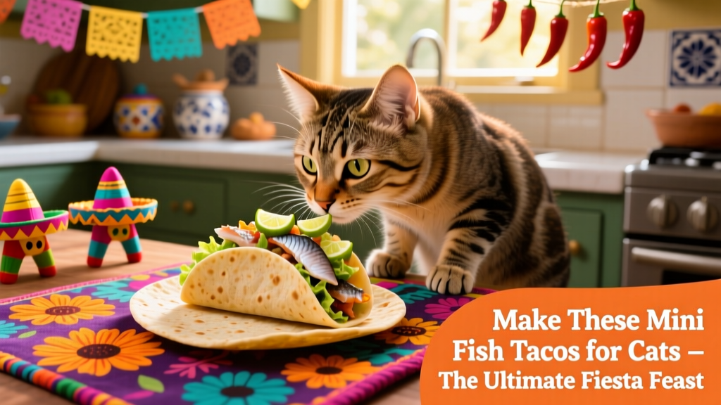 A curious cat gently sniffing a mini fish taco placed on a colorful fiesta-themed placemat