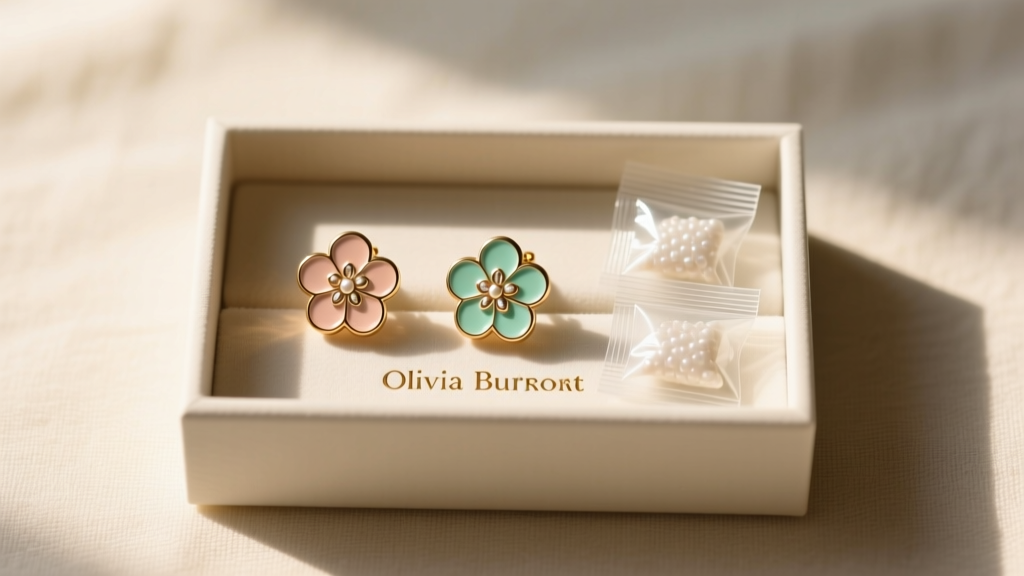 Anti-tarnish jewelry box displaying separated Olivia Burton enamel earrings next to small silica gel packets in soft, warm lighting