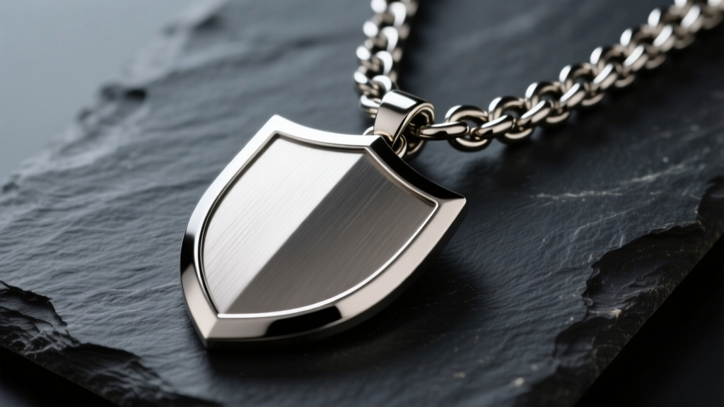Close-up of a brushed steel shield necklace for men on dark slate, highlighting beveled edges and a heavy 5mm Cuban link chain.