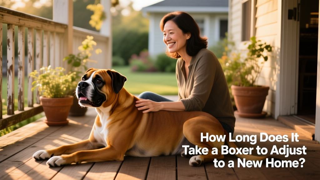 A relaxed, smiling Boxer lying calmly beside their owner on a sunlit porch, both looking content and connected