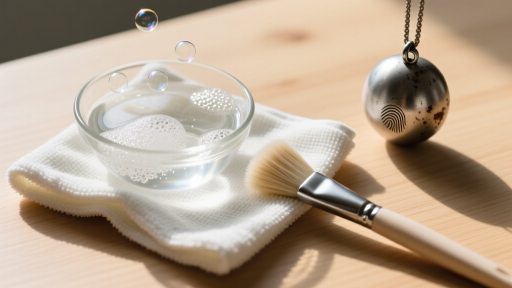 Top-down view of a microfiber cloth, soapy water, and soft brush arranged beside a dull stainless steel pendant on light wood.