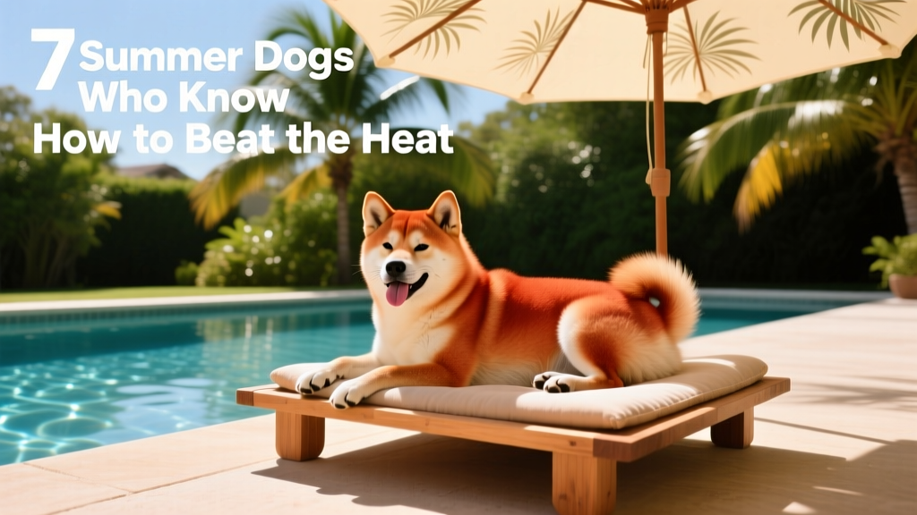 A shiba inu lounging on an elevated pet bed beside a pool, looking relaxed and shaded