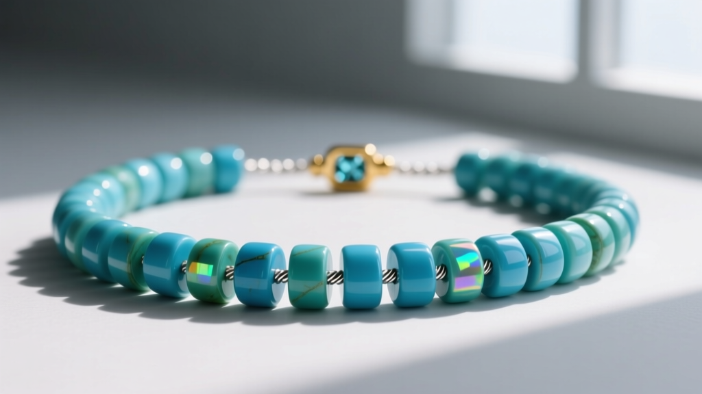 Close-up of a gemstone noodle bead necklace made of polished cylindrical turquoise beads strung on a steel wire with a gold clasp