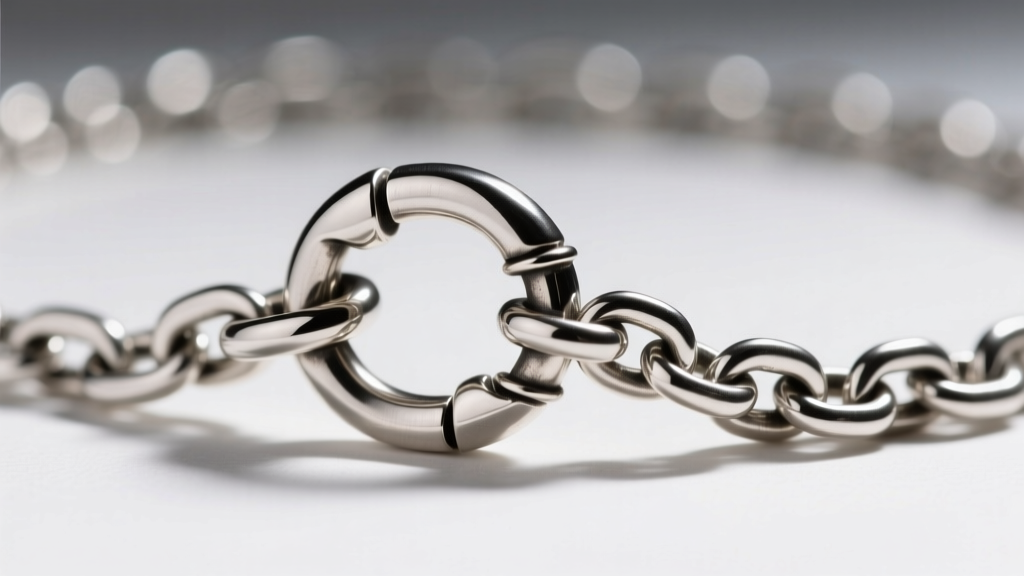 Close-up of a solid cast lobster clasp attached to a thick soldered jump ring on a heavy sterling silver flat chain necklace end.