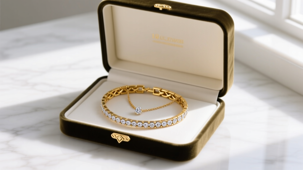 Open velvet box revealing an 18k yellow gold designer bracelet and diamond tennis necklace on white marble in soft morning light.