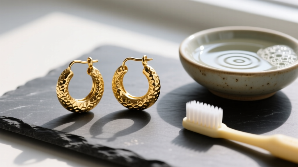 Tarnished 14k yellow gold textured hoop earrings on dark slate next to a small bowl of soapy water and a soft baby toothbrush